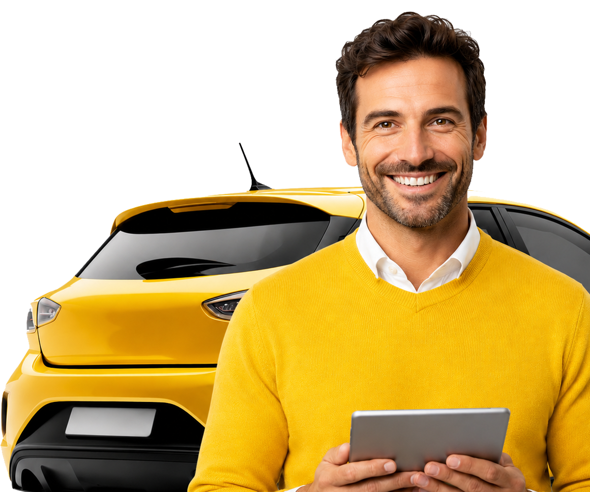 Zufriedener Kunde vor gelbem Auto